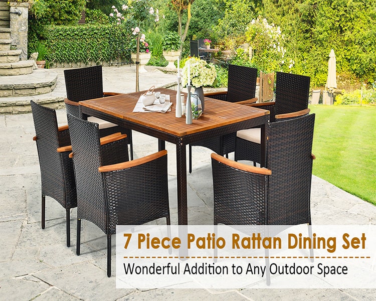 7 Pieces Patio Rattan Dining Set with Armrest Cushioned Chair